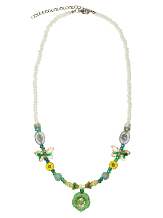 vintage handmade emerald green petals with green butterflies bead necklace